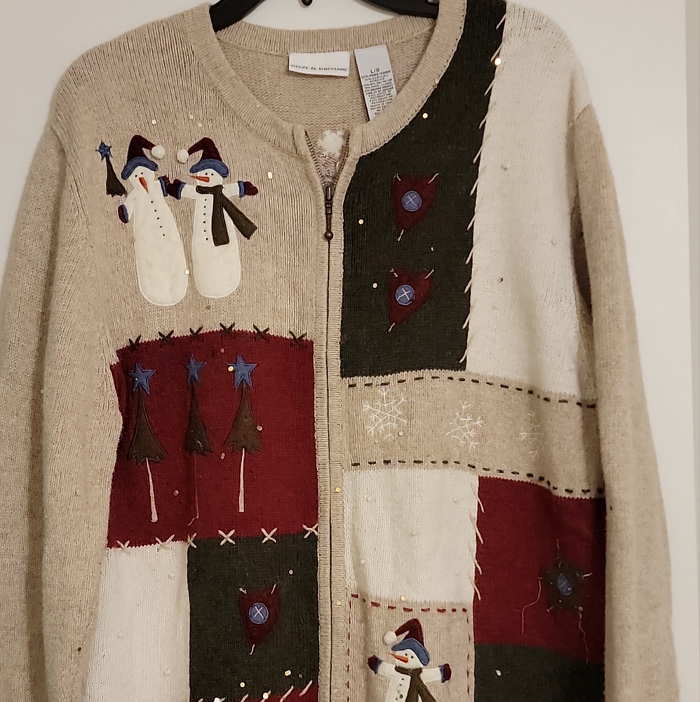 Ugly Christmas Sweater Women’s Sz L Trees Sowman Tan Red Green  Cotton Blend